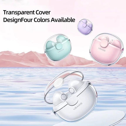 USAMS Half In Ear Wireless Earbuds With Transparent Shell shown in macaron colors with clear charging case and earbuds