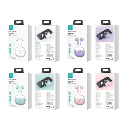 USAMS Half In Ear Wireless Earbuds With Transparent Shell showing macaron color packaging and charging case
