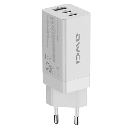 Awei Travel Charger for Everyday Device Power on the Go - 65W GaN compact white dual-port wall charger for phone and laptop
