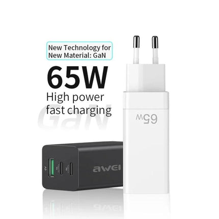 Awei Travel Charger for Everyday Device Power on the Go - 65W GaN fast charger compact for phones and laptops