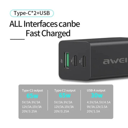 Awei Travel Charger for Everyday Device Power on the Go 65W GaN portable charger with two USB‑C and one USB‑A ports for fast charging