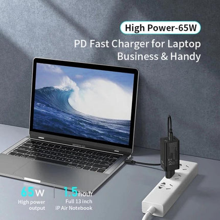 Awei Travel Charger for Everyday Device Power on the Go - 65W GaN PD fast charger powering laptop and phone on a power strip