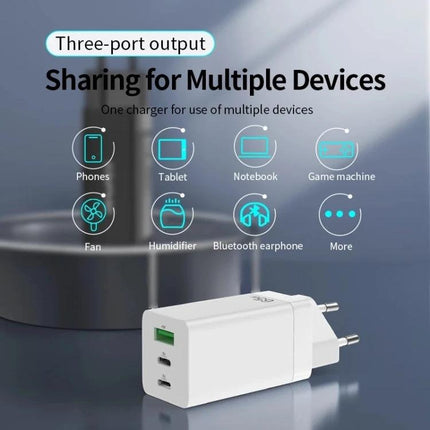 Awei Travel Charger for Everyday Device Power on the Go - 65W GaN three-port charger shown charging phones, tablets, laptops and more