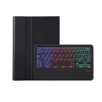 Leather Bluetooth Keyboard Case for iPad Tablets and Accessories - black leather protective case with RGB backlit keyboard and trackpad