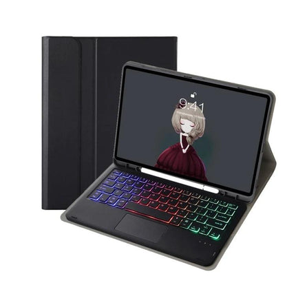 Leather Bluetooth Keyboard Case for iPad Tablets and Accessories with LED backlit keyboard, trackpad and protective leather folio stand