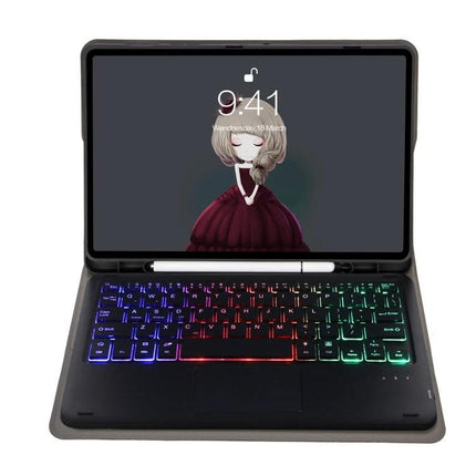 Leather Bluetooth Keyboard Case for iPad Tablets and Accessories showing open leather case with backlit rainbow keyboard, trackpad and stylus holder