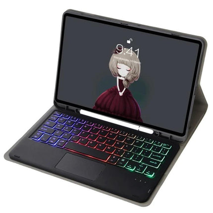 Leather Bluetooth Keyboard Case for iPad Tablets and Accessories with RGB backlit keys, trackpad and protective leather folio stand