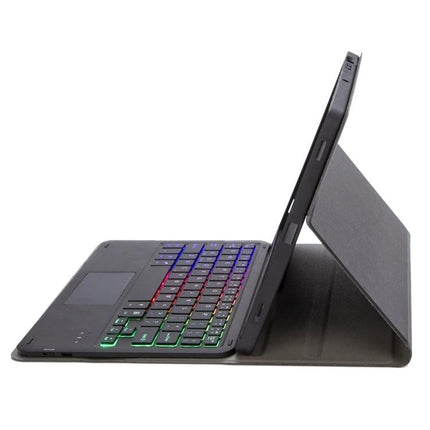 Leather Bluetooth Keyboard Case for iPad Tablets and Accessories with rainbow backlit keys, trackpad and slim leather folio stand