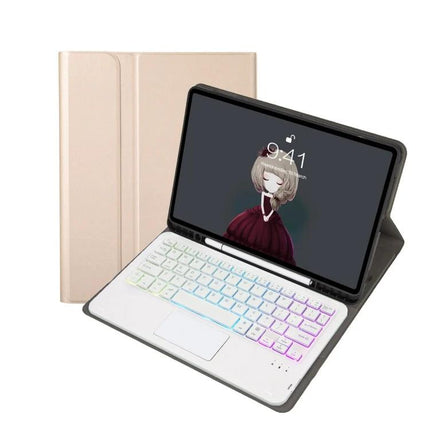 Leather Bluetooth Keyboard Case for iPad Tablets and Accessories shown in tan leather with illuminated keyboard and integrated trackpad