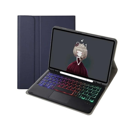 Leather Bluetooth Keyboard Case for iPad Tablets and Accessories with RGB backlit keyboard, trackpad and protective leather folio in dark blue