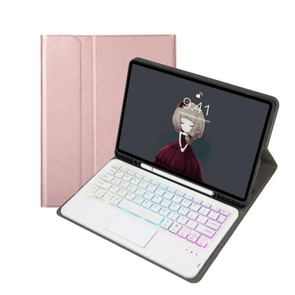 Leather Bluetooth Keyboard Case for iPad Tablets and Accessories in rose gold with backlit keyboard and trackpad, tablet in landscape mode