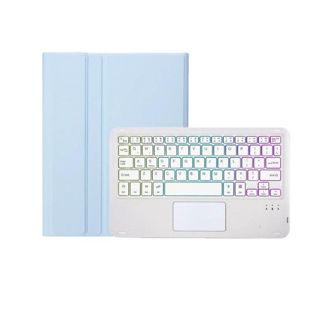 Leather Bluetooth Keyboard Case with Touch Pad for iPad Tablets in pastel blue with rainbow backlit keys and integrated touchpad