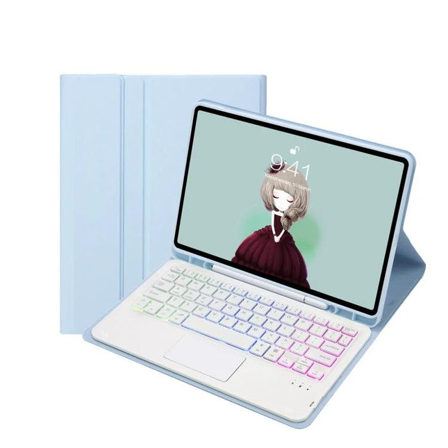 Leather Bluetooth Keyboard Case with Touch Pad for iPad Tablets in light blue showing backlit keyboard and touchpad with tablet in stand