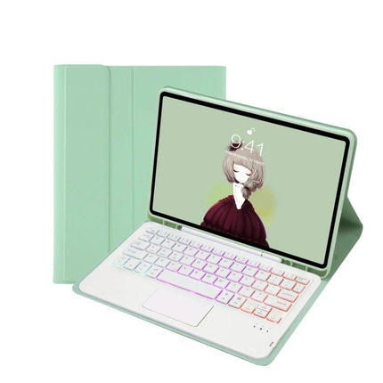 Leather Bluetooth Keyboard Case with Touch Pad for iPad Tablets in mint green showing integrated keyboard and touchpad with tablet in stand mode