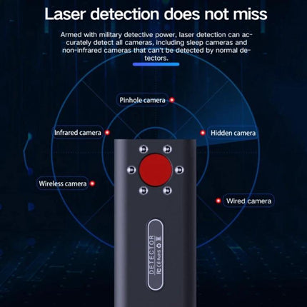 T1 Detector for Hidden Cameras and GPS Tracking Devices handheld laser detector device with labels for pinhole, infrared, wireless, hidden and wired cameras