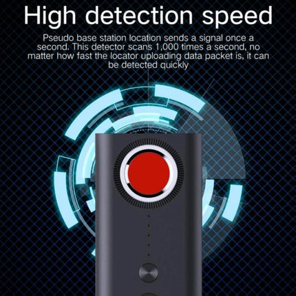T1 Detector for Hidden Cameras and GPS Tracking Devices handheld scanner showing red lens indicator and high detection speed graphic