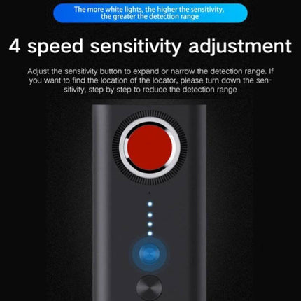 T1 Detector for Hidden Cameras and GPS Tracking Devices - handheld unit showing 4 speed sensitivity adjustment dial and LED indicators