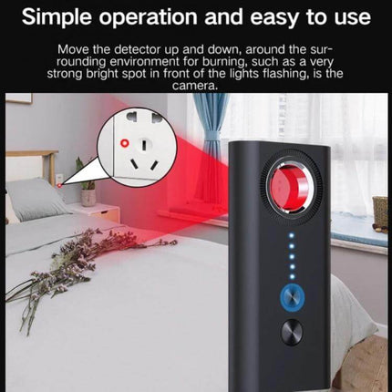 T1 Detector for Hidden Cameras and GPS Tracking Devices in bedroom scanning outlet with red laser and LED indicators