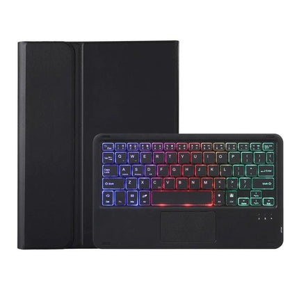 Backlit Leather Bluetooth Keyboard Case for Samsung Galaxy Tab S8 with multicolor backlit keys and protective black leather folio