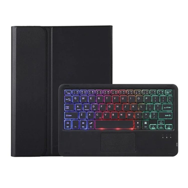 Backlit Leather Bluetooth Keyboard Case for Samsung Galaxy Tab S8 with RGB backlit keys and protective black leather folio