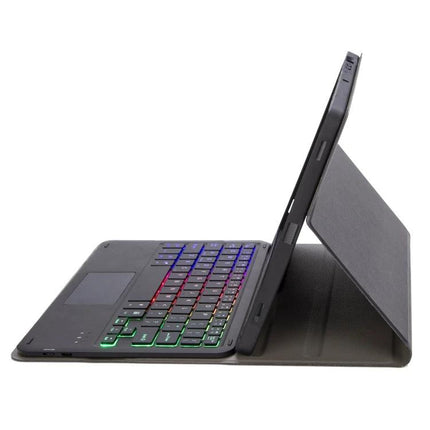 Backlit Leather Bluetooth Keyboard Case for Samsung Galaxy Tab S8 in use with multicolor backlit keys and protective leather folio stand