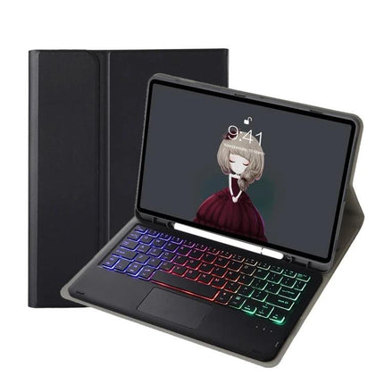 Backlit Leather Bluetooth Keyboard Case for Samsung Galaxy Tab S8 showing tri-fold leather cover and rainbow backlit keys in laptop stand mode