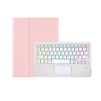 Backlit Bluetooth Keyboard Leather Case for Samsung Galaxy Tab S8 and S7 - pink leather folio with rainbow backlit Bluetooth keyboard and trackpad
