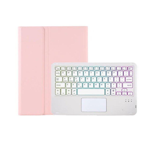 Backlit Bluetooth Keyboard Leather Case for Samsung Galaxy Tab S8 and S7 - pink leather folio with rainbow backlit Bluetooth keyboard and trackpad