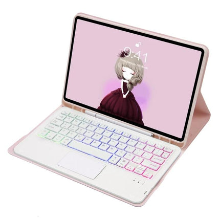 Backlit Bluetooth Keyboard Leather Case for Samsung Galaxy Tab S8 and S7 shown in pink with rainbow backlit keys and protective folio stand