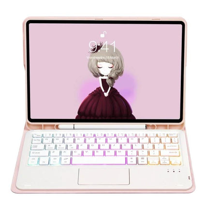 Backlit Bluetooth Keyboard Leather Case for Samsung Galaxy Tab S8 and S7 showing rose gold leather case with backlit keyboard and tablet screen