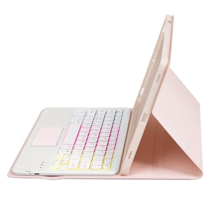 Backlit Bluetooth Keyboard Leather Case for Samsung Galaxy Tab S8 and S7 in pink with illuminated keys and foldable protective cover