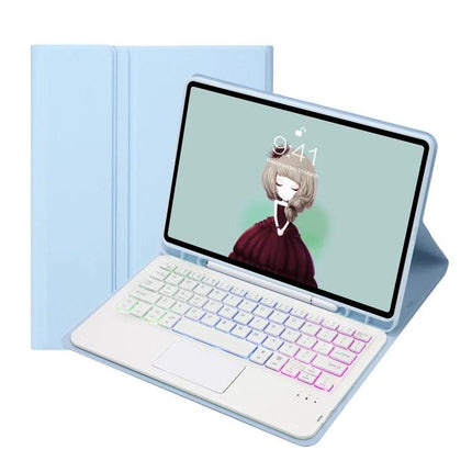 Backlit Bluetooth Keyboard Leather Case for Samsung Galaxy Tab S8 and S7 in light blue with rainbow backlit keys and built-in stand
