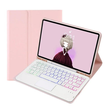 Backlit Bluetooth Keyboard Leather Case for Samsung Galaxy Tab S8 and S7 in pink with rainbow backlit keys and foldable stand