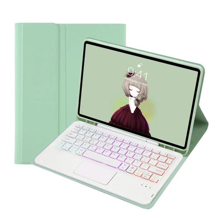 Backlit Bluetooth Keyboard Leather Case for Samsung Galaxy Tab S8 and S7 shown in mint with rainbow backlit keys and protective folio stand