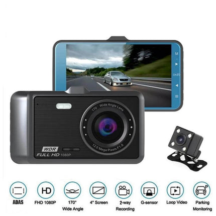 Anytek A60 Dual Camera Driving Recorder for Vehicle Monitoring showing front dash and rear camera with 4" screen and night vision