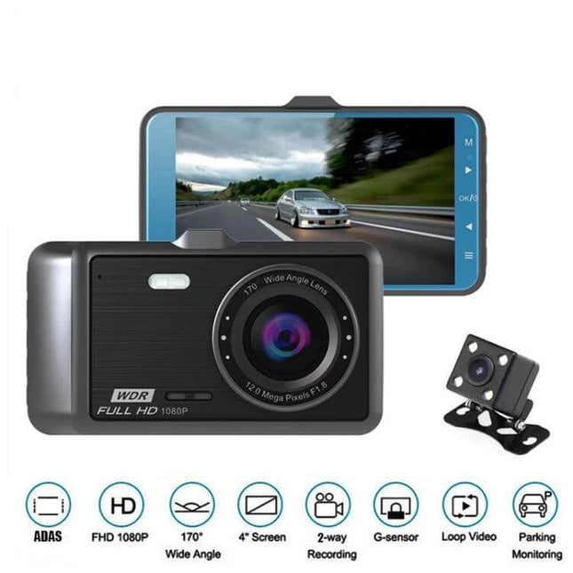 Anytek A60 Dual Camera Driving Recorder for Vehicle Monitoring showing front dash and rear camera with 4" screen and night vision
