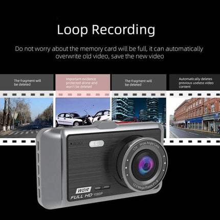 Anytek A60 Dual Camera Driving Recorder for Vehicle Monitoring showing loop recording feature and durable aluminum body