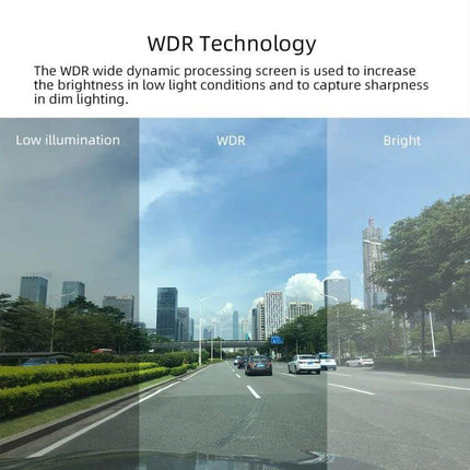 Anytek A60 Dual Camera Driving Recorder for Vehicle Monitoring showing WDR comparison of low illumination, WDR and bright road scenes