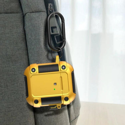 Keep Your AirPods Safe with Tank Case for Daily Use – rugged yellow protective AirPods case attached to bag with carabiner