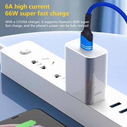 Practical Woven USB Cable for Everyday Device Charging braided blue cable plugged into charger for fast 66W charging and data sync
