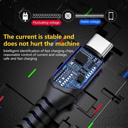 Practical Woven USB Cable for Everyday Device Charging showing braided USB-C cable with exposed circuitry and stable voltage text
