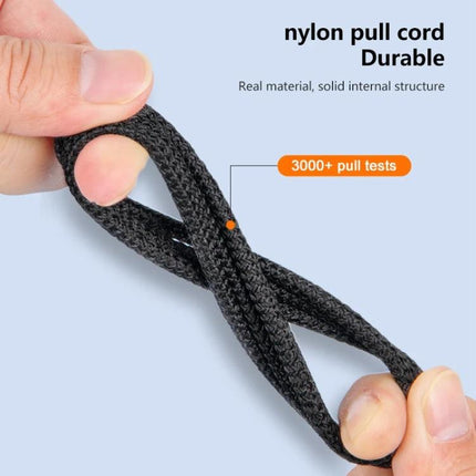 Versatile Charging Cable for Everyday Devices and Travel showing durable nylon pull cord being stretched in hands