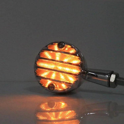 Yellow Retro LED Turn Signal For Harley Motorcycle Pair - chrome aluminum housing amber LEDs, 10mm threaded mount, front or rear retrofit