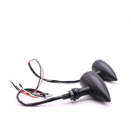 Universal Motorcycle LED Turn Signal Dual Color Yellow and Red bullet-shaped black aluminum LED turn signals for 12V motorcycles, dual-color yellow and red