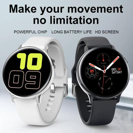 Smart Watch for Everyday Health and Activity Monitoring - round touchscreen smartwatch showing step and heart-rate screens, white and black bands, IP68 water resistant
