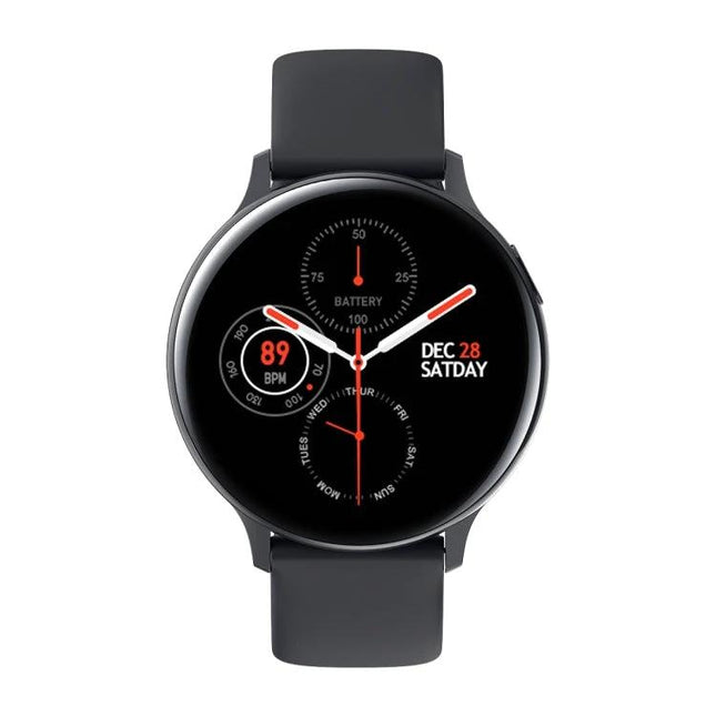 Smart Watch for Everyday Health and Activity Monitoring – black round smartwatch showing heart rate, steps, battery and date, IP68 waterproof design
