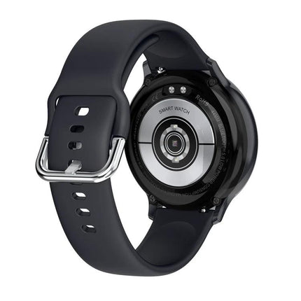 Smart Watch for Everyday Health and Activity Monitoring - rear sensor view with black silicone band and IP68 waterproof design
