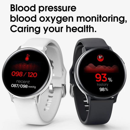 Smart Watch for Everyday Health and Activity Monitoring showing blood pressure and blood oxygen readings on white and black watch faces