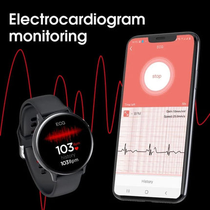 Smart Watch for Everyday Health and Activity Monitoring showing ECG reading 103 bpm on watch and app with waterproof design