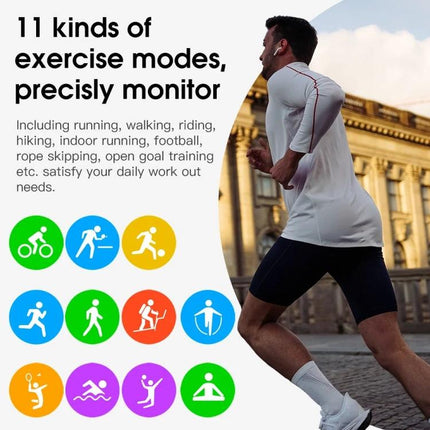 Smart Watch for Everyday Health and Activity Monitoring showing runner, exercise mode icons, heart rate and step tracking, IP68 waterproof